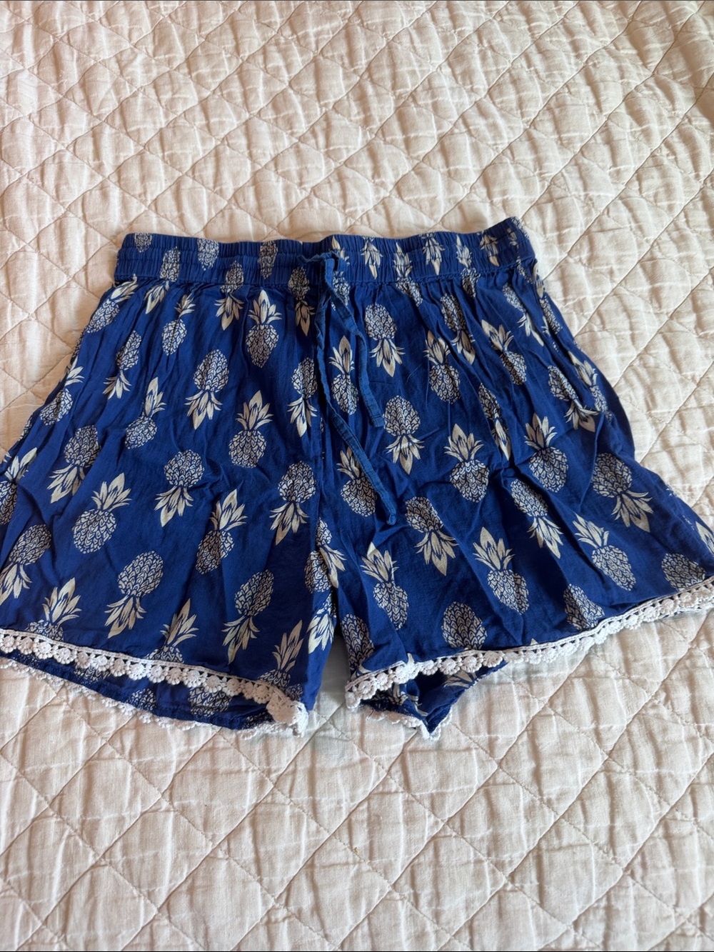 Charlie Paige Blue Pineapple Print Lounge Shorts with Lace Trim